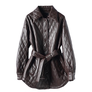 绵羊皮衣女中长款翻领系带韩版时尚外套新款冬季加棉轻奢真皮夹克