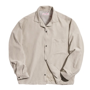 马登复古绿色桃皮绒长袖衬衫古巴领设计感上衣休闲宽松衬衣女士秋