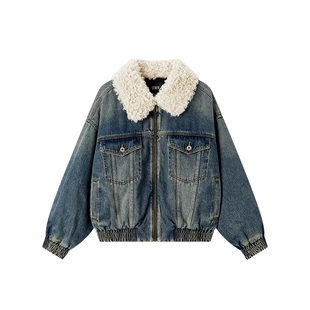 森马牛仔外套女冬季夹棉宽松毛领翻领街头酷飒风高街复古美式夹克