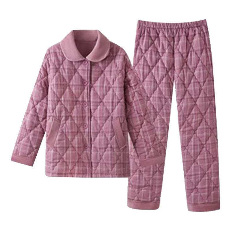 三枪睡衣三层夹棉加厚男居家服纯棉加绒女棉袄开襟格子情侣家居服