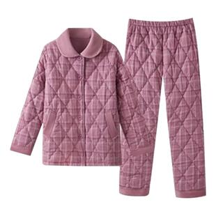 三枪睡衣三层夹棉加厚男居家服纯棉加绒女棉袄开襟格子情侣家居服