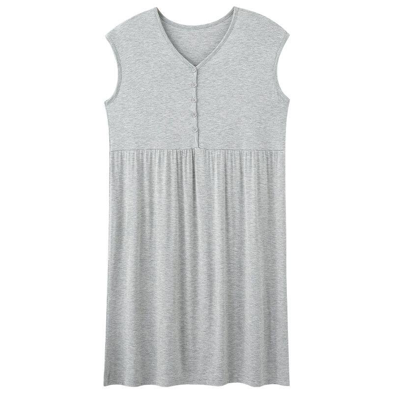 简约V领无袖睡裙女夏季莫代尔纯色中长款带胸垫月子服哺乳睡衣