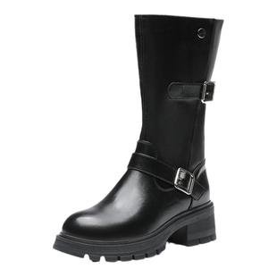 大东骑士靴女鞋2025冬季新款简约高跟粗跟圆头后拉链中筒靴D0159