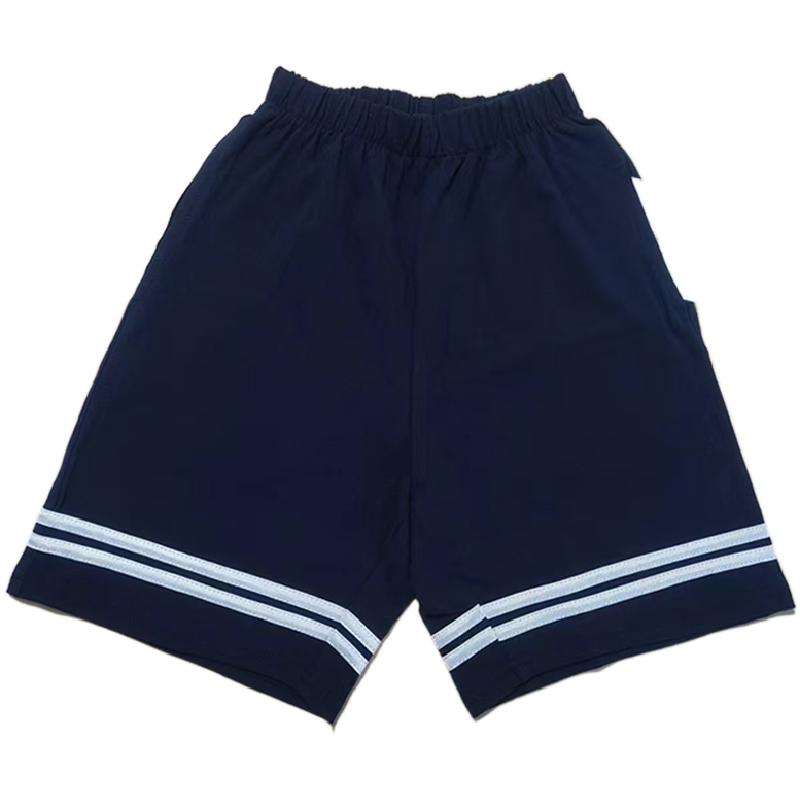 藏蓝色拼裤脚口两道白条中小学生校服短裤舒适跑步宽松运动五分裤