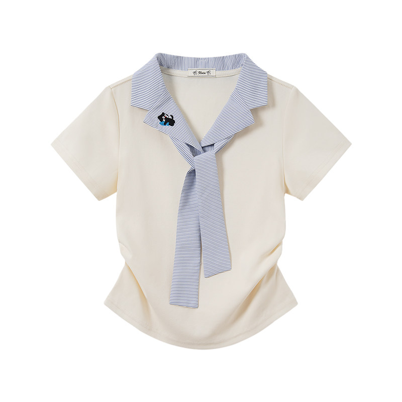 刺绣猫咪格纹海军领polo短袖T恤