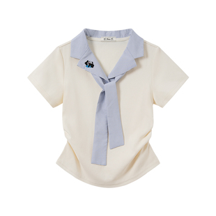 奶油的宇宙 刺绣猫咪格纹海军领polo短袖T恤女学院风正肩短上衣