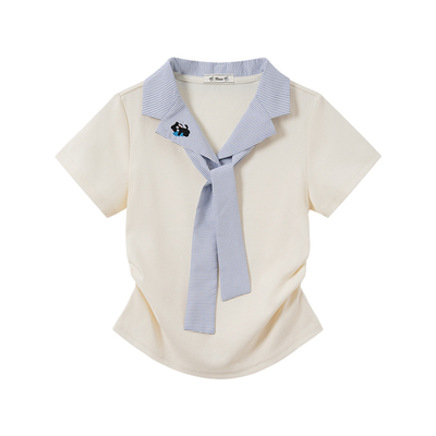 刺绣猫咪格纹海军领polo短袖T恤