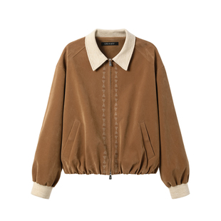 芸蚁〔图腾〕单面仿牛皮绒混纺撞色刺绣花苞结构民族感夹克外套