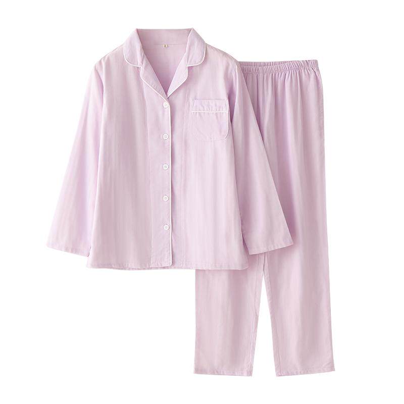 日系春秋季女纯棉纱布睡衣格子套装全棉家居服薄款两件套大码长袖