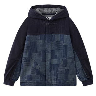 MQD童装男童牛仔外套2026春季新款儿童连帽提花拼接宽松休闲开衫