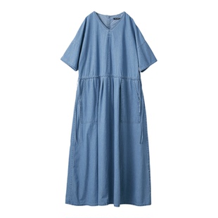 夏季新品 桑妮库拉/Sunny clouds 纯棉V领落肩牛仔连衣裙长裙百搭