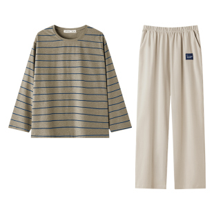 贝妍情侣睡衣女春秋新款柔软棉长袖宽松家居服休闲条纹男大码套装