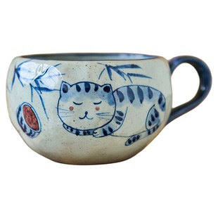 梵悦手绘猫咪咖啡杯复古陶瓷青花手捏陶艺早餐杯水杯景德镇釉下彩