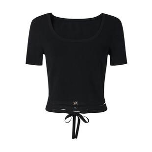 商场同款  摩萨克夏交叉绑带方领针织半袖打底衫上衣内搭女