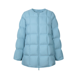 BLUEerror 宽松方格圆领蓝色羽绒服女保暖拉链面包服鸭绒外套冬季