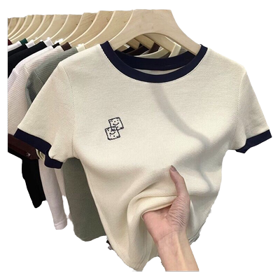 撞色正肩短袖T恤女夏季百搭修身