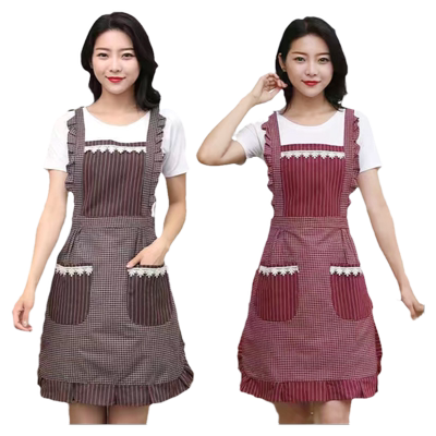 纯棉家用厨房围裙韩版格子工作服