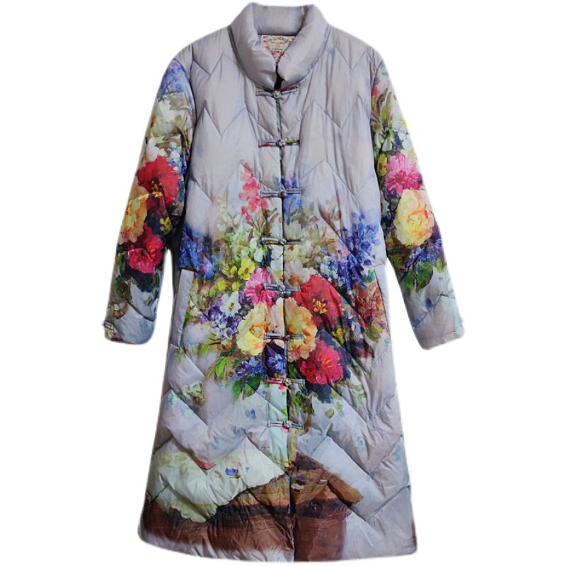 时尚印花色过膝保暖白鸭绒羽绒服