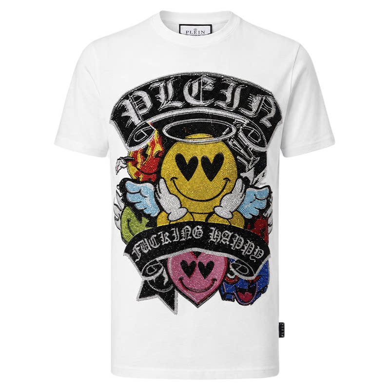 PHILIPP PLEIN 男士白色圆领短袖笑脸图案夏季休闲宽松T恤