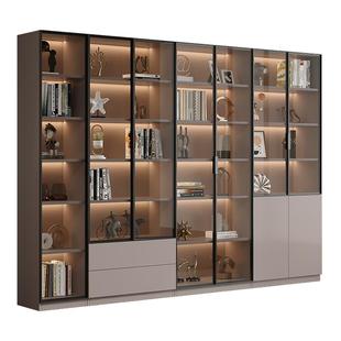 实木定制书柜带玻璃门展示柜轻奢家用客厅一体整墙到顶书架满墙柜