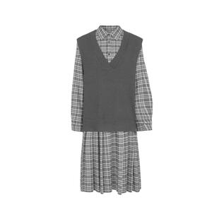 sdeer圣迪奥春装女装学院风格纹针织背心衬衫裙套装S241Z1406