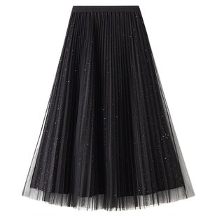 BenHou/本后 9230 星空亮片网纱a字半身裙秋冬女中长款百褶裙纱裙