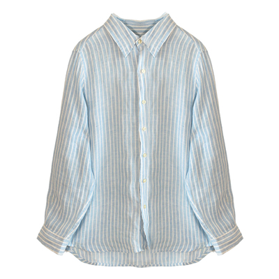 松弛感浅蓝色条纹法国亚麻衬衫