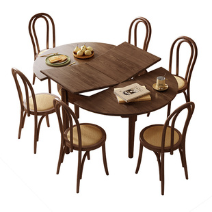 卡答小户型圆桌可变椭圆形餐桌家用胡桃木色原木侘寂实木折叠饭桌