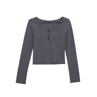荒荒家 半扣条纹长袖T2025秋季新款学院风小众修身设计圆领上衣女