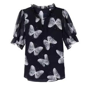 木耳边印花雪纺小衫女2026夏季新款高端轻奢洋气减龄别致漂亮上衣