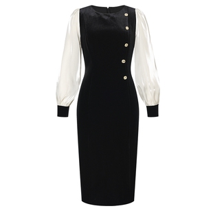 La Koradior拉珂蒂商场同款气质优雅丝绒拼接礼服裙侧开叉长裙女