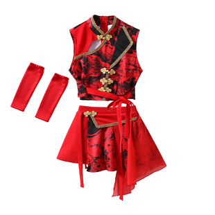 女童中国风服装爵士舞演出服少儿国潮红色舞蹈模特T台走秀打歌服