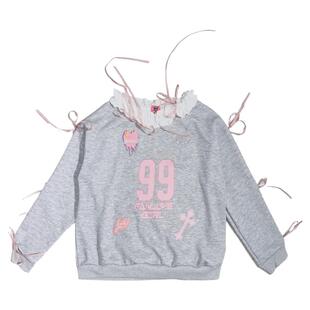 饭粒家 原创设计感露肩多穿法长袖卫衣女一字肩上衣慵懒风蕾丝