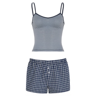WEEKEEP 百搭简约基础条纹吊带背心松紧格纹纽扣低腰休闲短裤套装