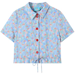 化学少女「像素唱片」花边抽绳彩墨印花短袖衬衫短款显瘦宽松衬衣