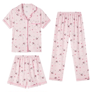 快鱼2026年夏季新款女士舒适居家套装卡通印花开衫家居服三件套
