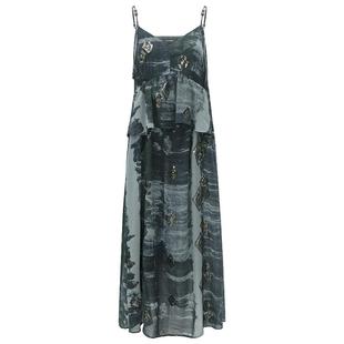 COCOBELLA[天青烟雨]重工亮片绣吊带裙荷叶边雪纺连衣裙FR7016-2