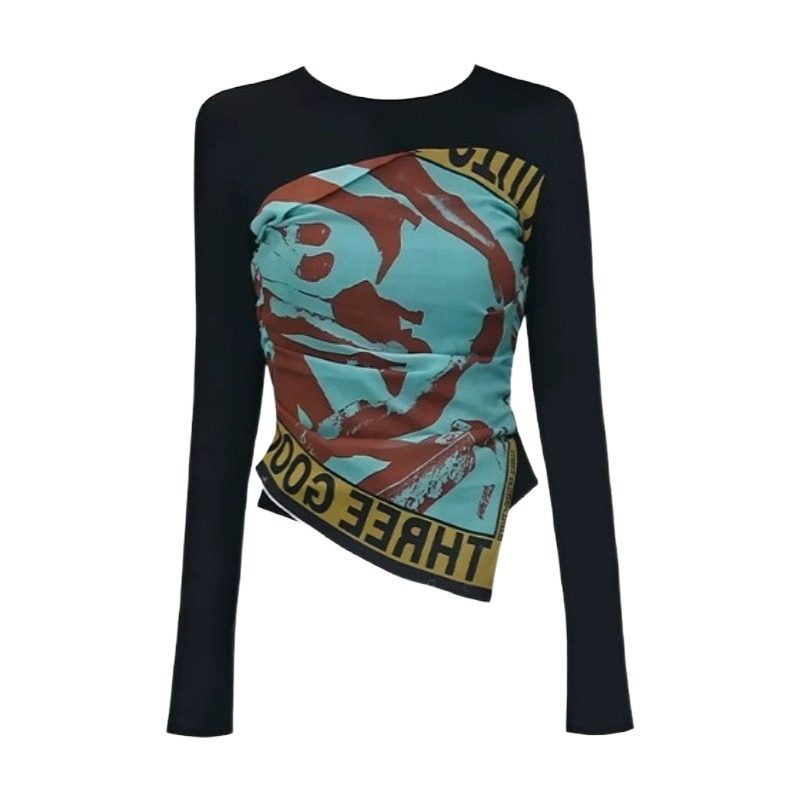 大码美式辣妹涂鸦印花长袖T恤女2026新款小众不规则丝巾拼接上衣