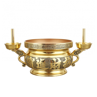 纯黄铜香炉家用供奉祖先室内熏香供财神观音供佛蜡烛台座一体铜炉