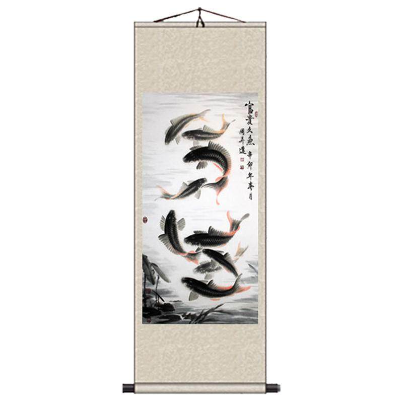 国画九鱼图挂画丝绸如鱼得水