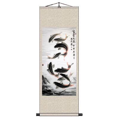 国画九鱼图挂画丝绸如鱼得水