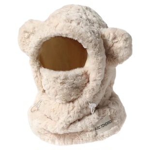 可爱小熊帽子女骑车厚毛绒保暖神器套头围巾一体口罩围脖雷锋帽冬