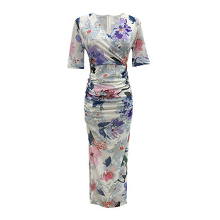 水墨白底印花连衣裙夏季新款复古油画气质性感V领褶皱开叉中长裙