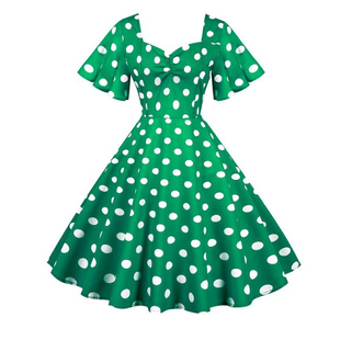 欧洲站复古赫本风圆点波点印花收腰显瘦休闲短袖大摆连衣裙DRESS