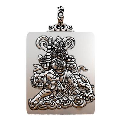 老银匠手工银牌 骑虎赵公明99纯银吊坠 三元山馆天师王灵官项链男