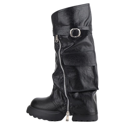 2025年冬季新款辣妹风不过膝靴侧拉链设计感黑色个性靴圆头长筒靴