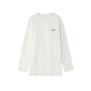 时然大码女装蕾丝宽松T恤25秋季新款胖mm显瘦莱赛尔圆领长袖上衣
