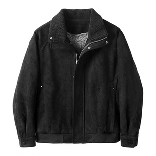 LUUD 日系复古双门襟羊羔绒内里棉服夹克男冬局部夹棉麂皮绒外套