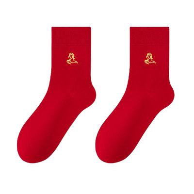 蝶安芬本命年红色男女纯棉中筒袜