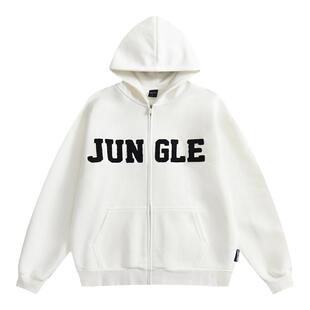 丛林老虎美式LOGO毛巾绣连帽卫衣春秋宽松重磅情侣装拉链外套男女